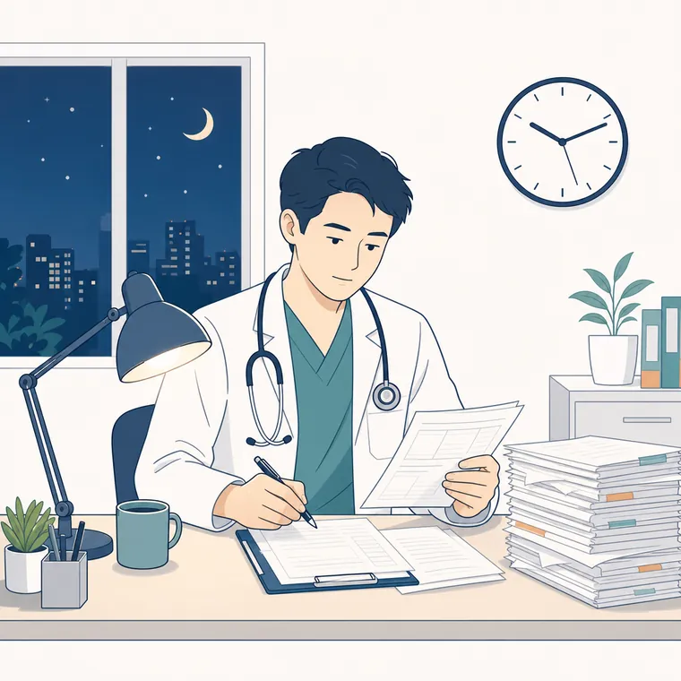 診療後に残った記録を整える医師
